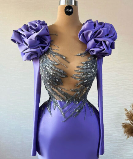 Long Mermaid Amethyst Dress with Intricate Bodice and Floral Shoulders