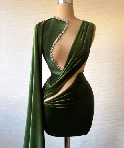 Short Green Velvet Dress with Overskirt and Intricated Bodice