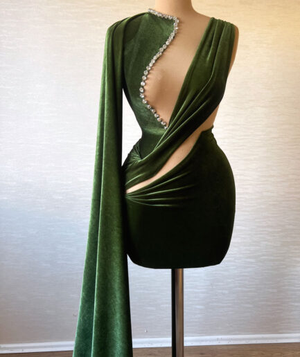 Short Green Velvet Dress with Overskirt and Intricated Bodice