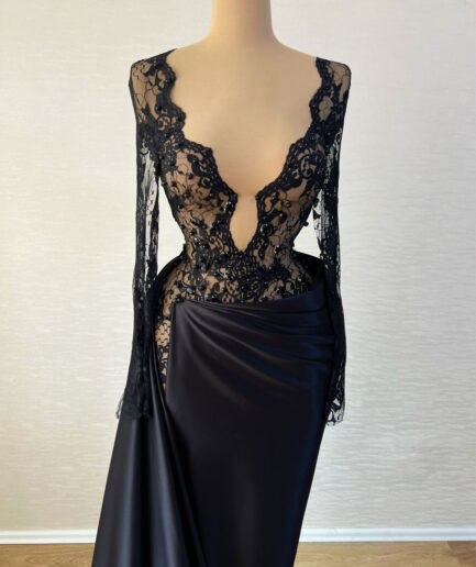 Black Long Dress with Lace Bodice and Embellishments