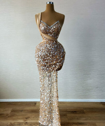 Golden Sequin Lace Dress with Butterfly Neckline