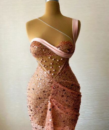 Peach Long Lace Dress with Embellishments