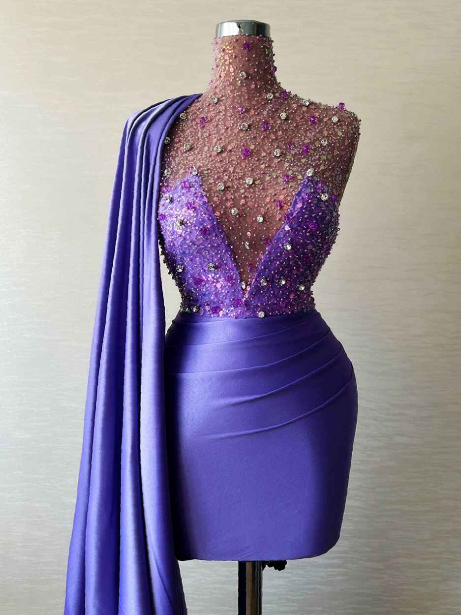 Short Purple Dress with Lace Bodice and Sleeve Cape