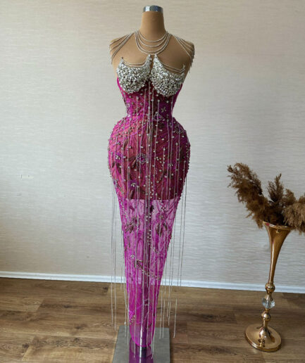 Long Pink Lace Dress with Embellished Bodice and Neckline