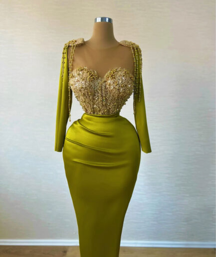 Olive Green Long Dress with Sweetheart Lace Bodice