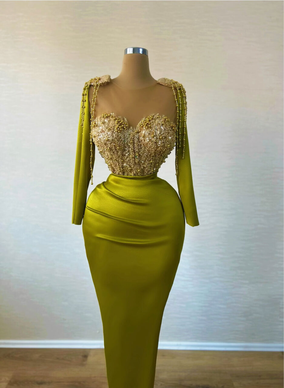 Olive Green Long Dress with Sweetheart Lace Bodice