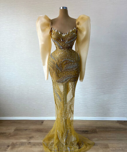 Mermaid Yellow Lace Dress with Puffy Sleeves and Embellishments