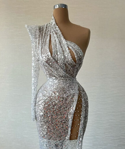 One-Shoulder Long Silver Lace Dress with High Slit