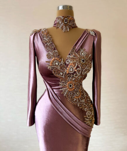 Plum Long Dress With Intricate Bodice and Neckline