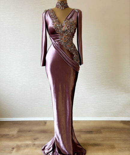 Plum Long Dress With Intricate Bodice and Neckline