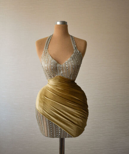 Short Nude Velvet Dress with Lace Bodice and V-Neckline