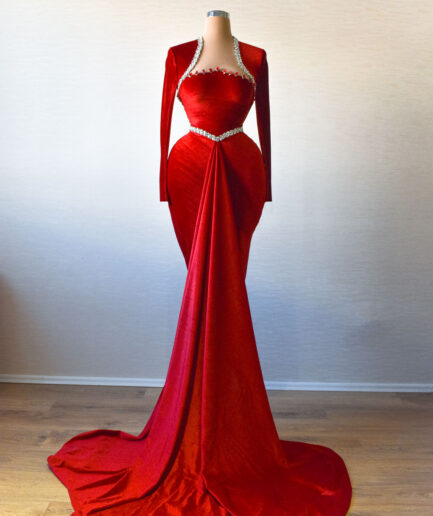 Red Long Velvet Dress with Over-Skirt and Embellished Bodice