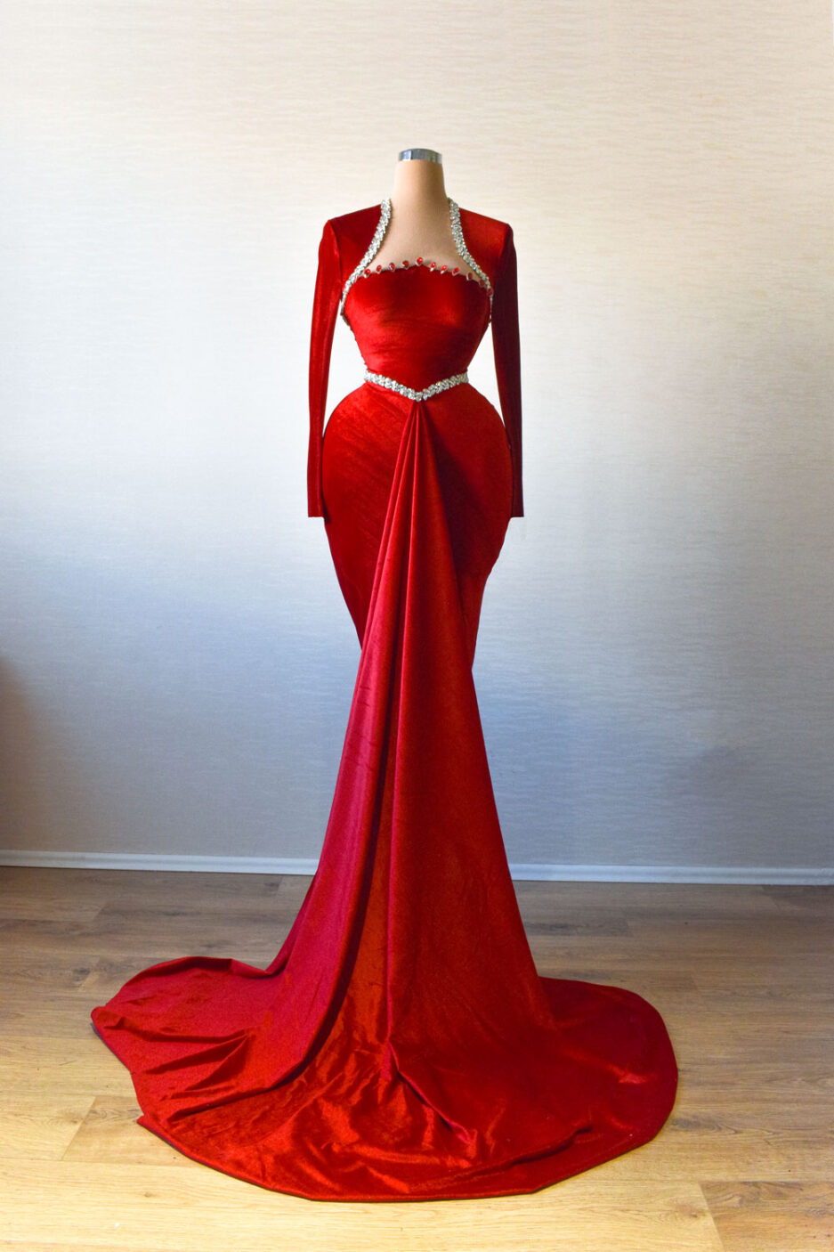 Red Long Velvet Dress with Over-Skirt and Embellished Bodice