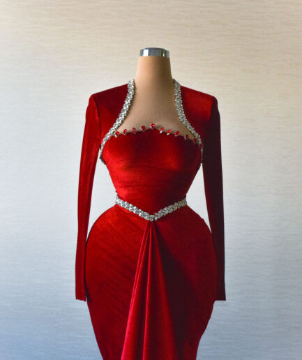 Red Long Velvet Dress with Over-Skirt and Embellished Bodice