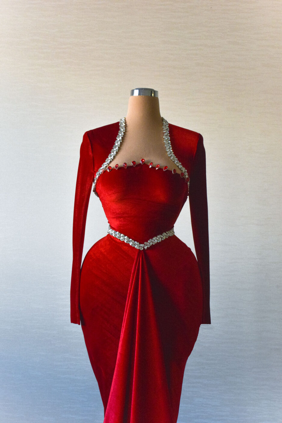 Red Long Velvet Dress with Over-Skirt and Embellished Bodice