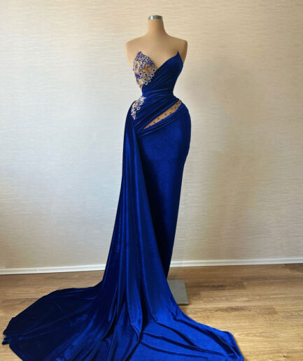 Long Blue Dress with Embellished Bodice and Sweetheart Neckline