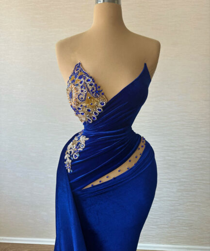 Long Blue Dress with Embellished Bodice and Sweetheart Neckline