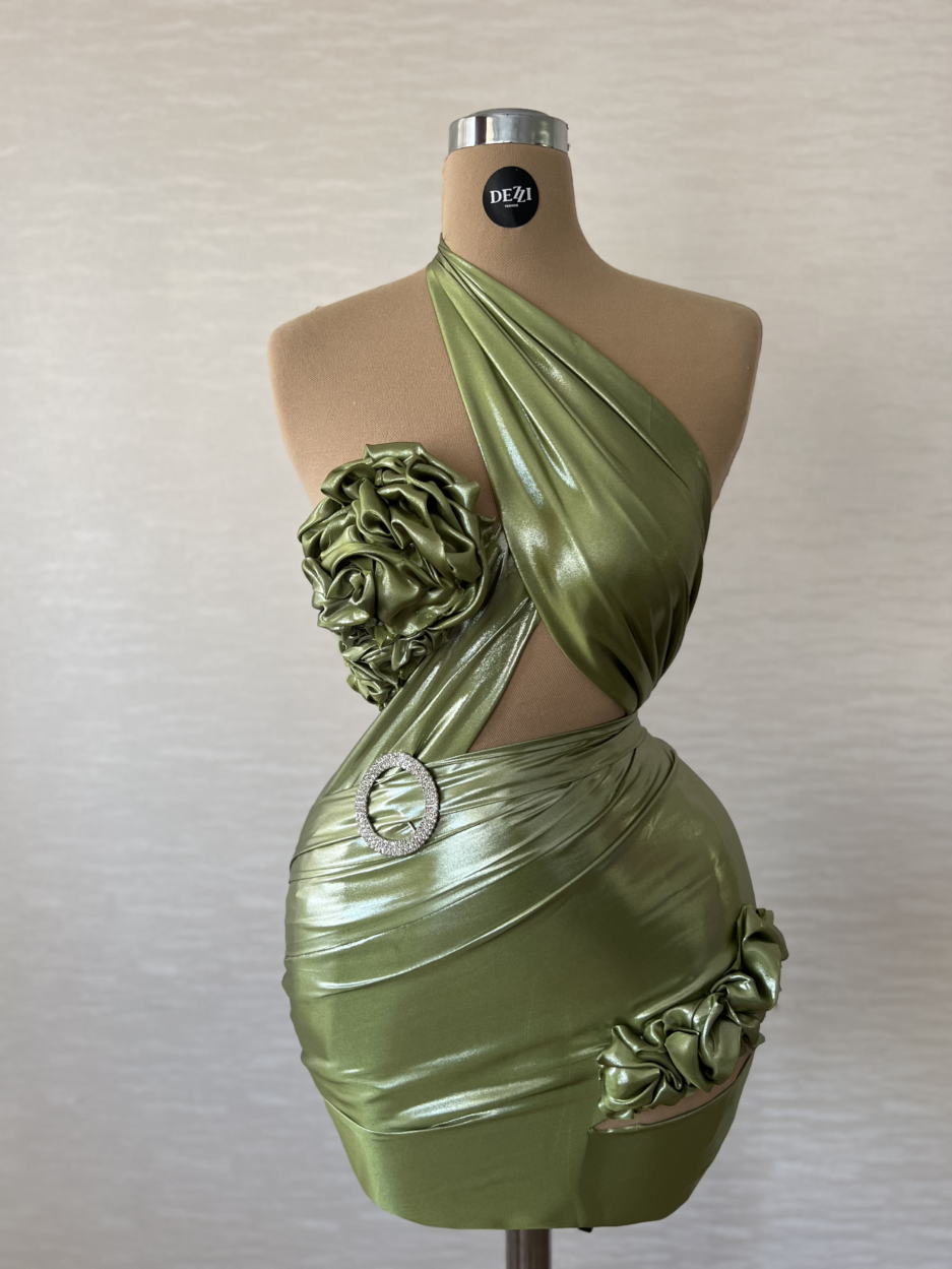 Green Short Lycra Dress with Rose Design