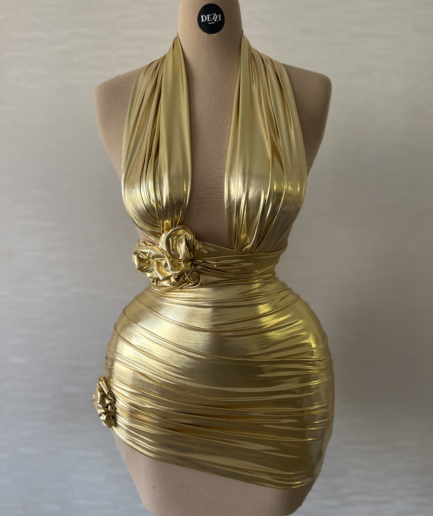 Gold Short Lycra Dress with Small Rose Designs