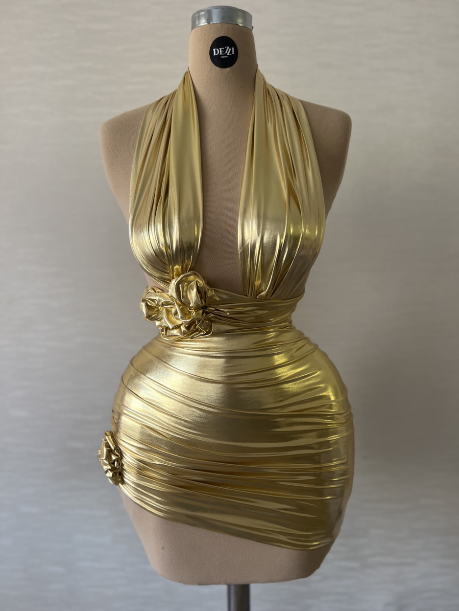 Gold Short Lycra Dress with Small Rose Designs