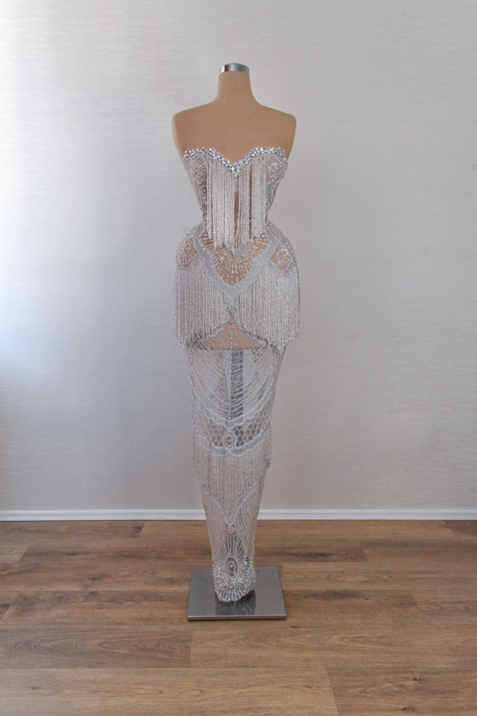 Silver Long Lace Dress with Silver Embellishments