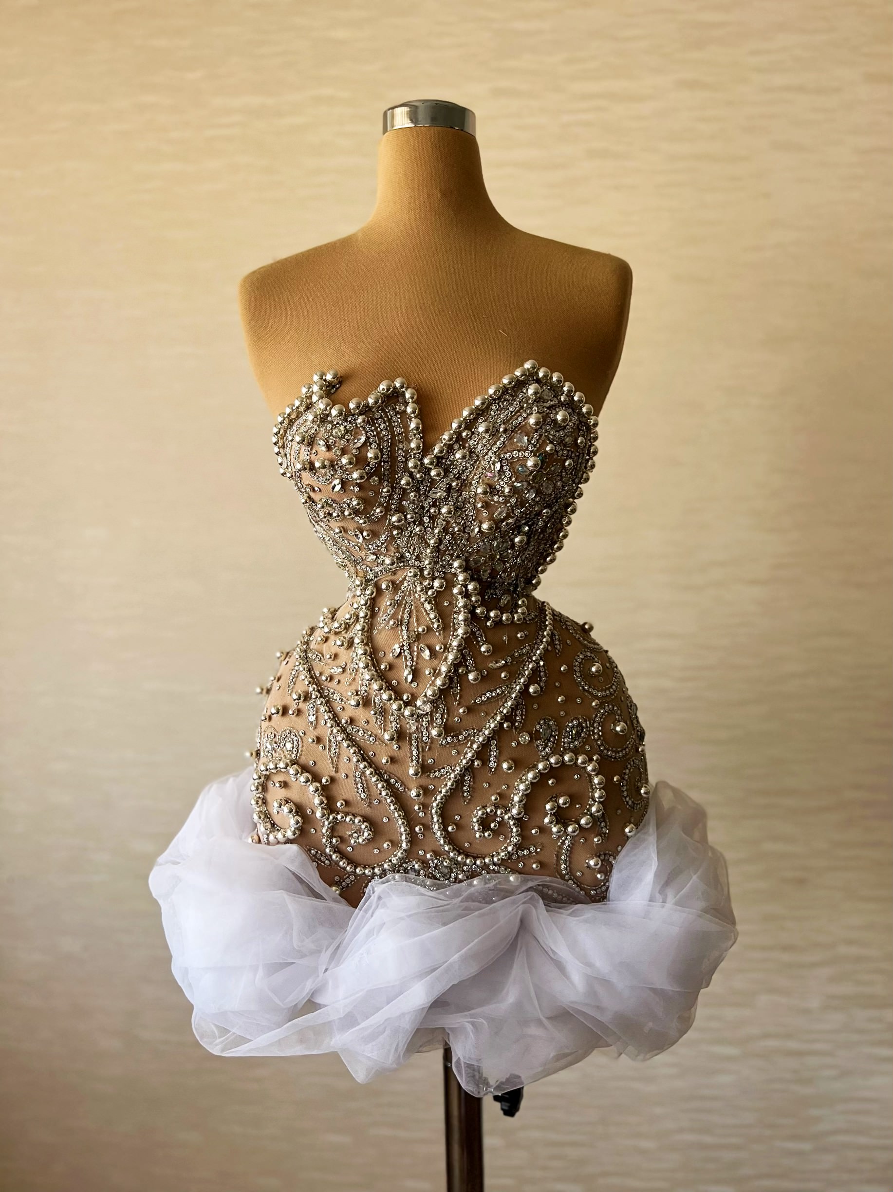 Short Pearl Embellished Dress with Ruffles – Dezzi Fashion