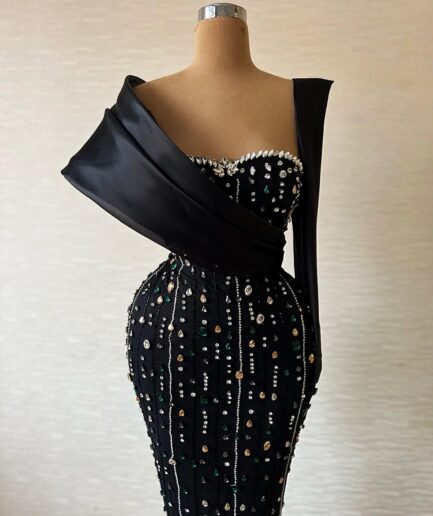 Long Black Dress with Colorful Embellishments