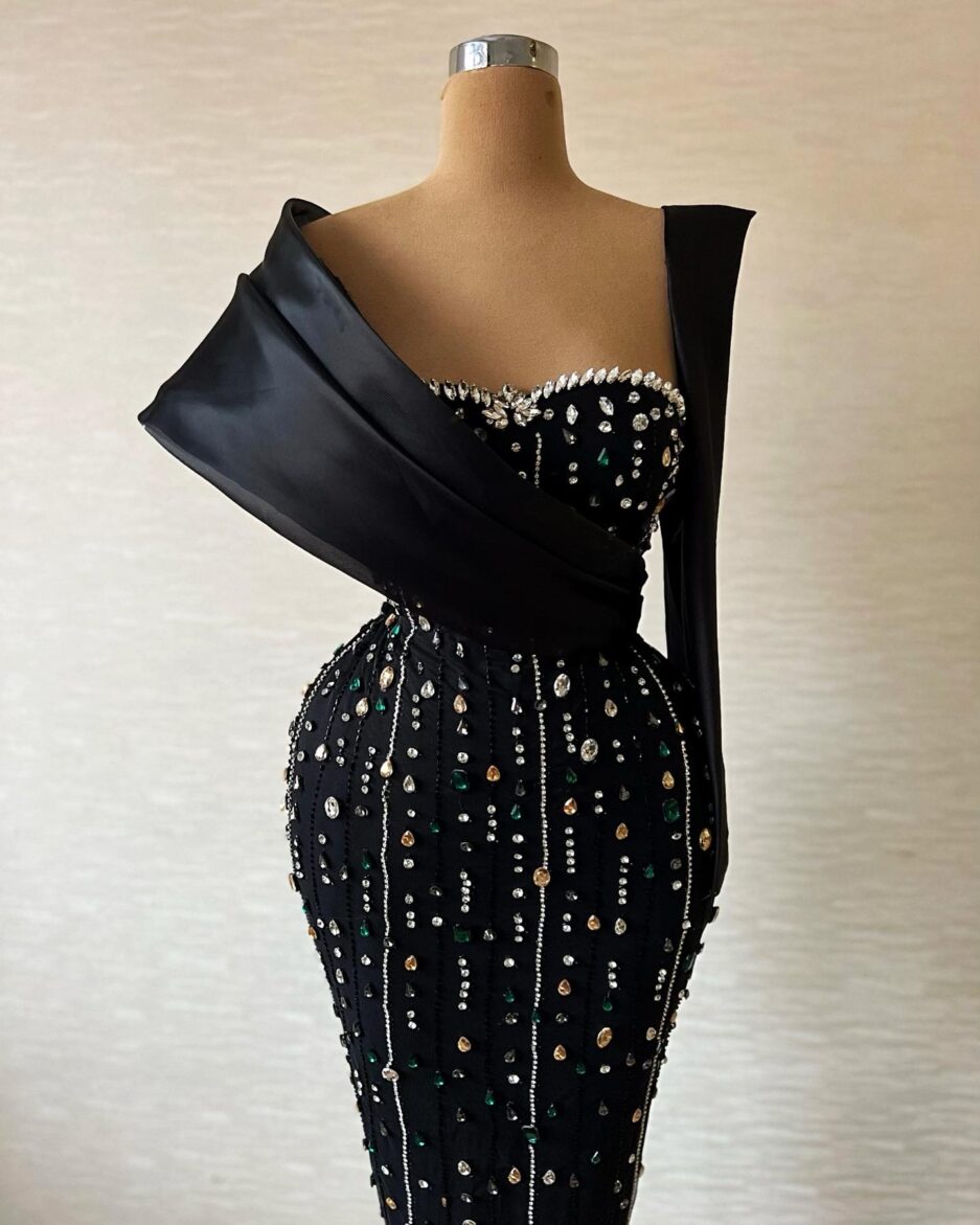 Long Black Dress with Colorful Embellishments