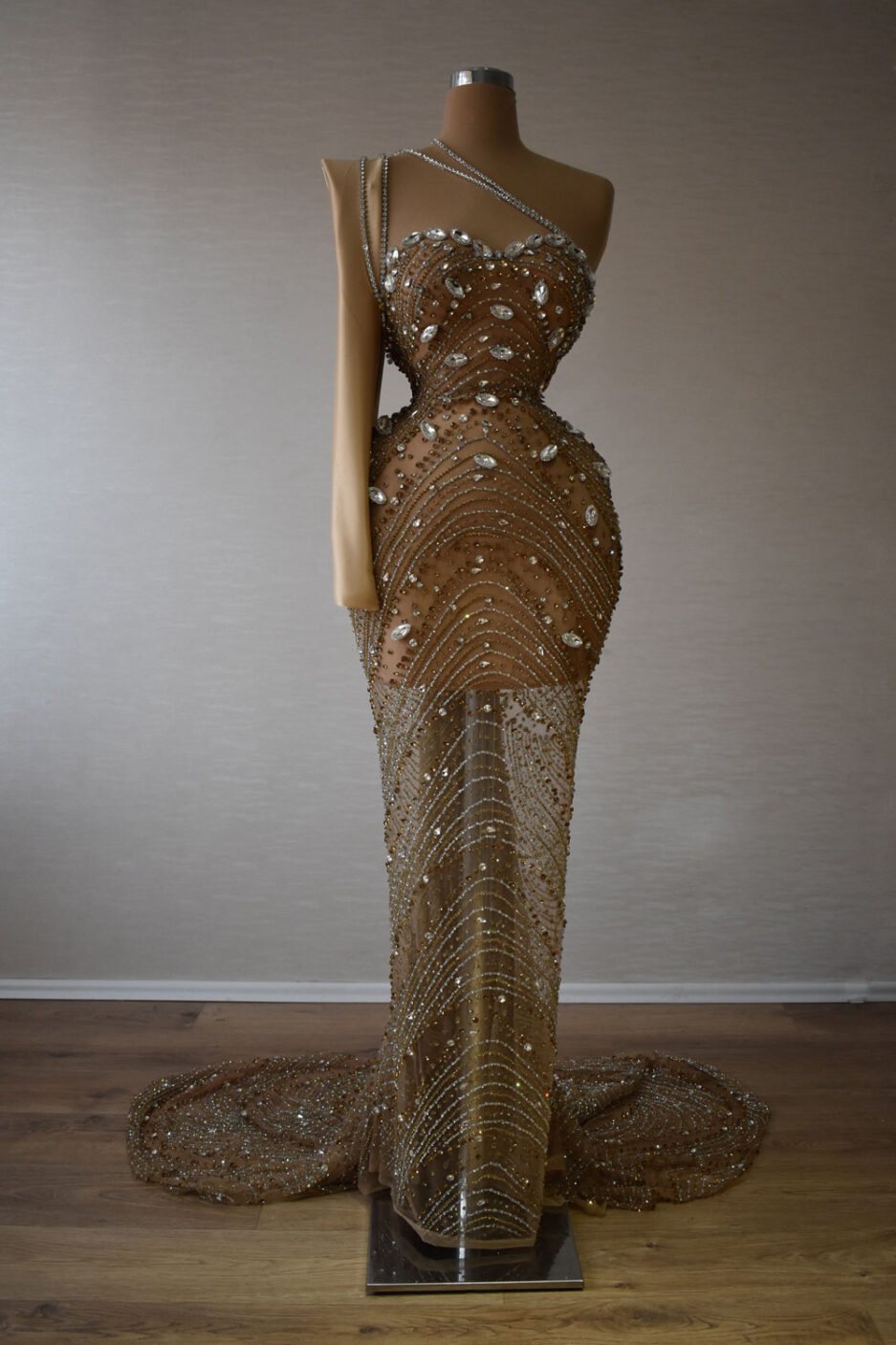 Mermaid Nude Lace dress with Silver Crystals