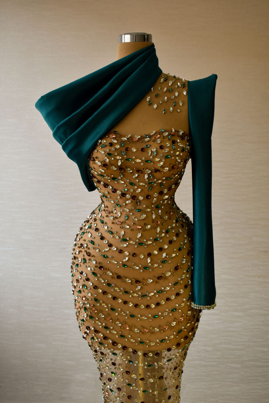 Mermaid Dress with Crystals and Green Details