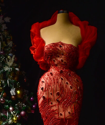 Mermaid Red Lace Dress with Ruffles and Embellishments