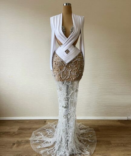 Long Silver Lace Dress with White Satin Bodice
