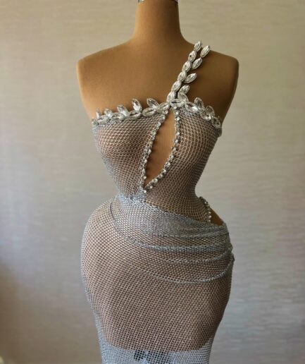 Long Silver Lace Dress with Open Cut Bodice and Embellished Shoulder