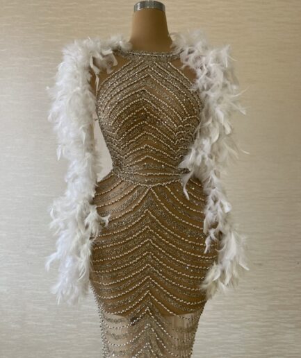Long Silver Mermaid Dress with Feathered Sleevess