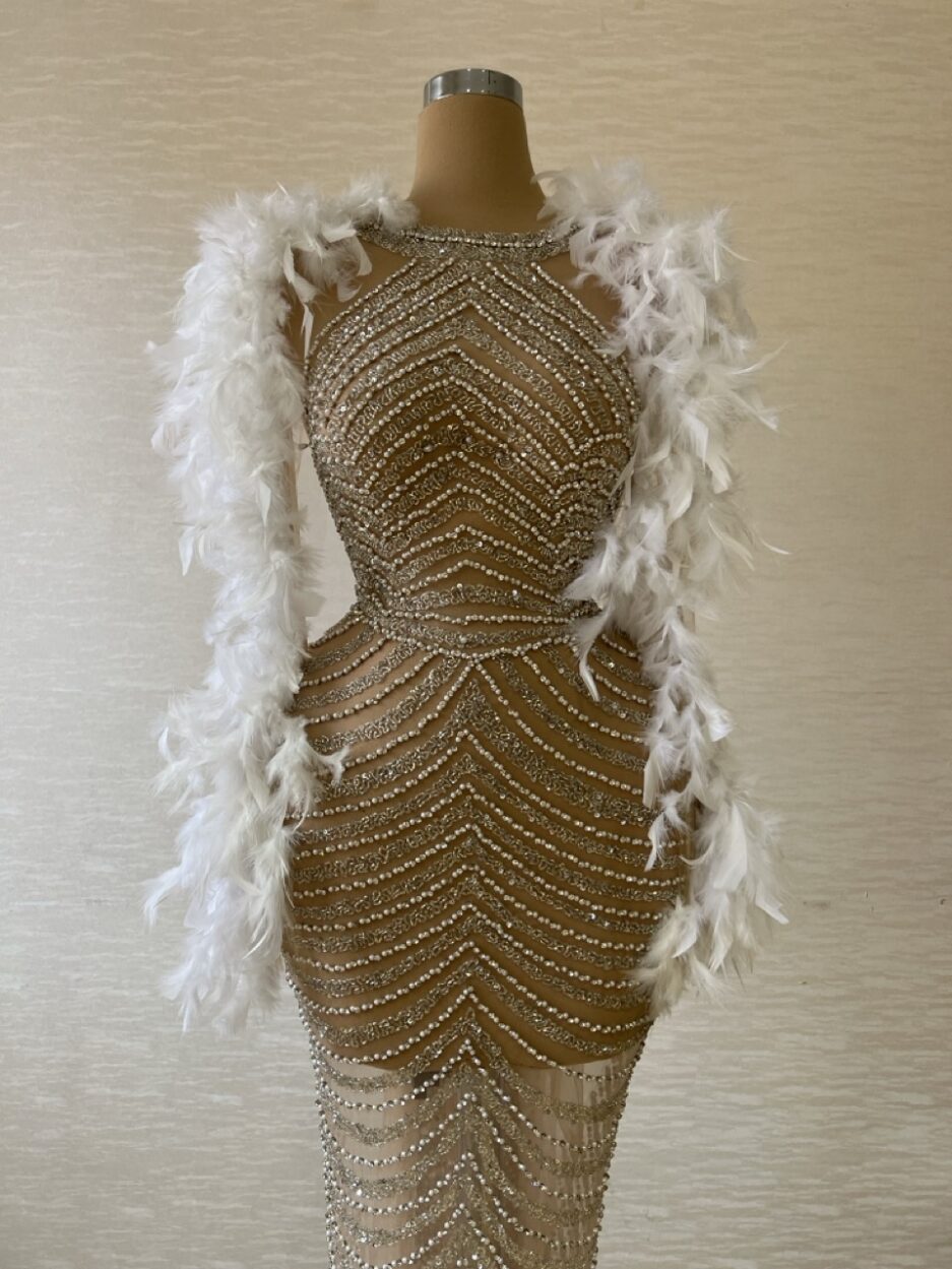 Long Silver Mermaid Dress with Feathered Sleevess