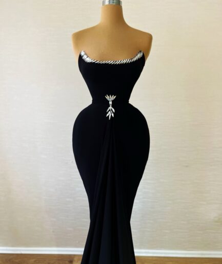 Long Mermaid Black Satin Dress with Silver Intricate Details Bodice