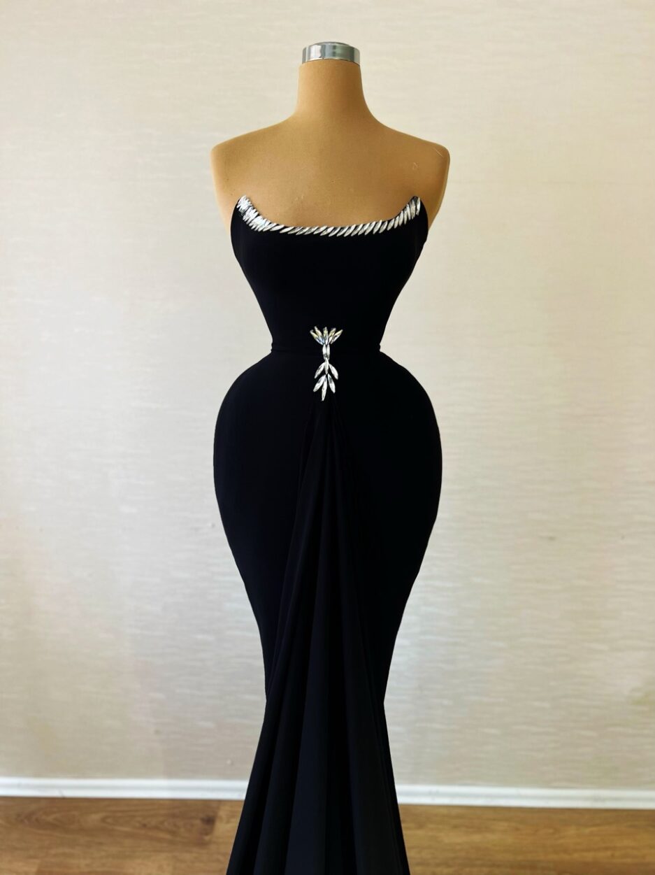 Long Mermaid Black Satin Dress with Silver Intricate Details Bodice