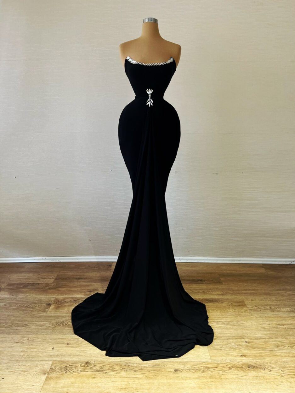 Long Mermaid Black Satin Dress with Silver Intricate Details Bodice