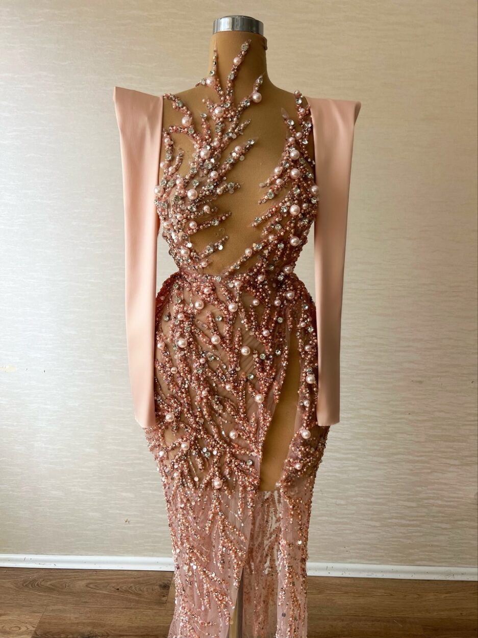 Long Peach Mermaid Dress with Pearl Embellishments