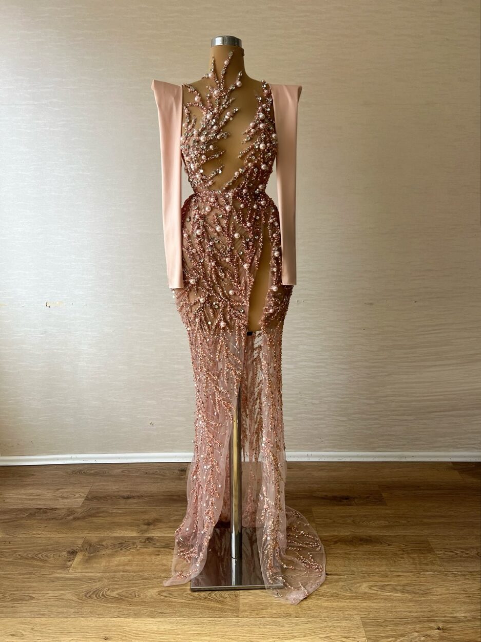 Long Peach Mermaid Dress with Pearl Embellishments