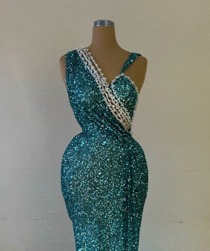 Long Mermaid Blue Ocean Lace Dress with Silver Intricate Bodice