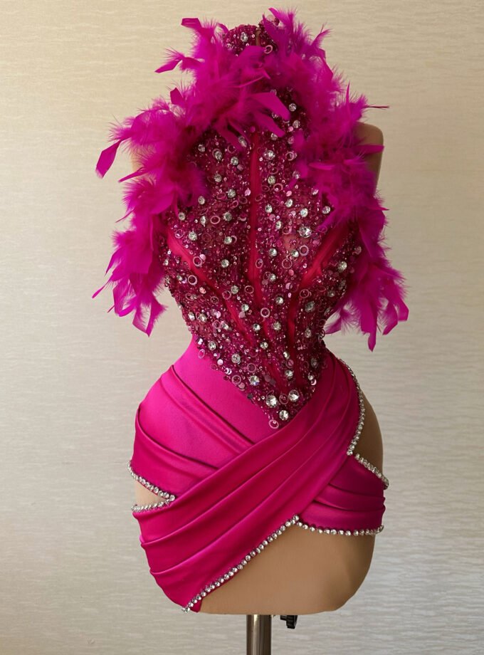 Fuchsia Feather Embellished Mini Dress - Crystal Bodice Dance Costume