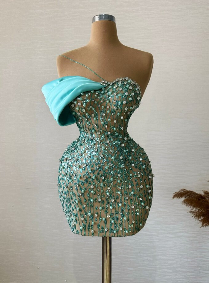 Turquoise Beaded Mini Dress - Off-the-Shoulder Draped Cocktail Dress