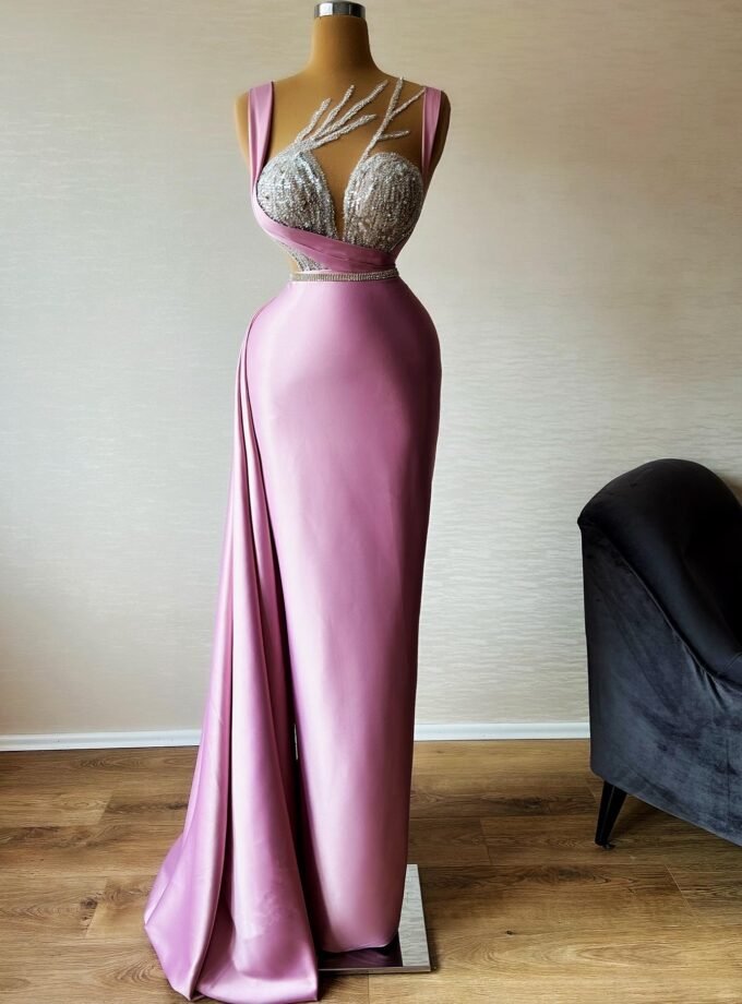 Dusty Pink Satin Formal Gown - Silver Sequin Illusion Bust Dress