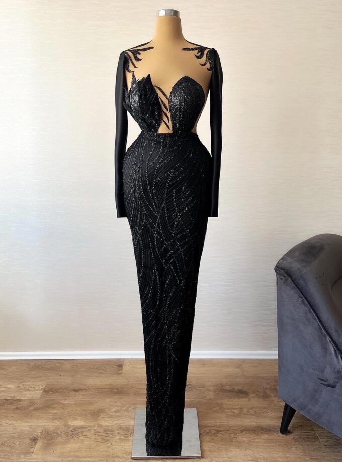Black Sequin Cutout Long Sleeve Gown - Illusion Formal Dress