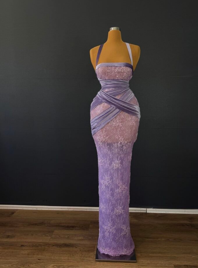 Lilac Velvet & Lace Mermaid Gown - Draped Strapless Formal Dress