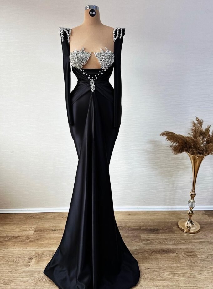 Black Satin Long Sleeve Formal Dress - Crystal Embellished Shoulder Gown