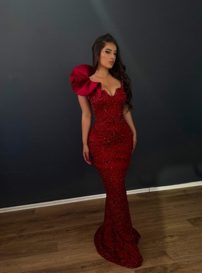 Red Crystal Beaded Mermaid Gown - Single Shoulder Flower Detail