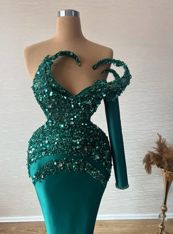 Emerald Green Sequin Mermaid Gown - Sculptural One-Shoulder Formal Dress