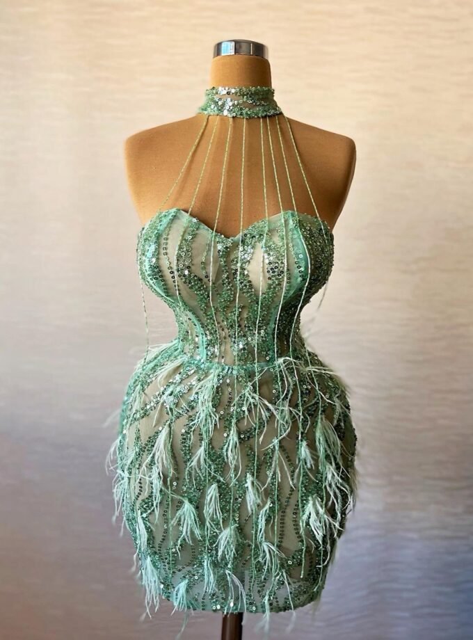 Mint Green Sequin Feather Mini Dress - Beaded Halter Neck Cocktail Dress